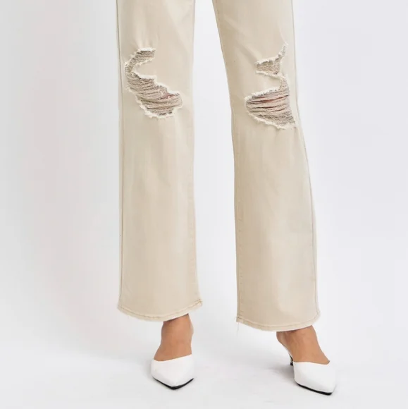 High Rise Mom Jeans Distressed Torn Knee Wide Leg Cream Denim Pants Judy Blue - Picture 11 of 14